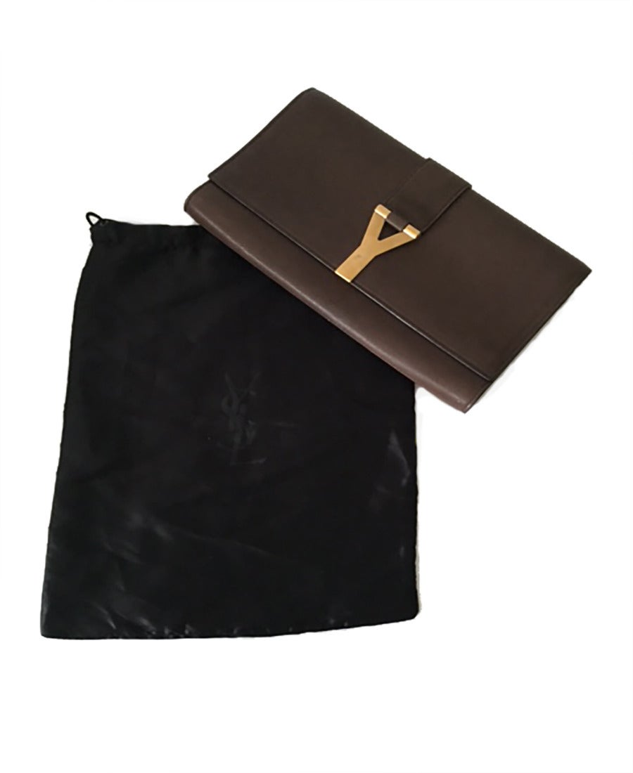 YSL, Yves Saint Laurent Brown Leather Gold Ligne Y Clutch For Sale 3
