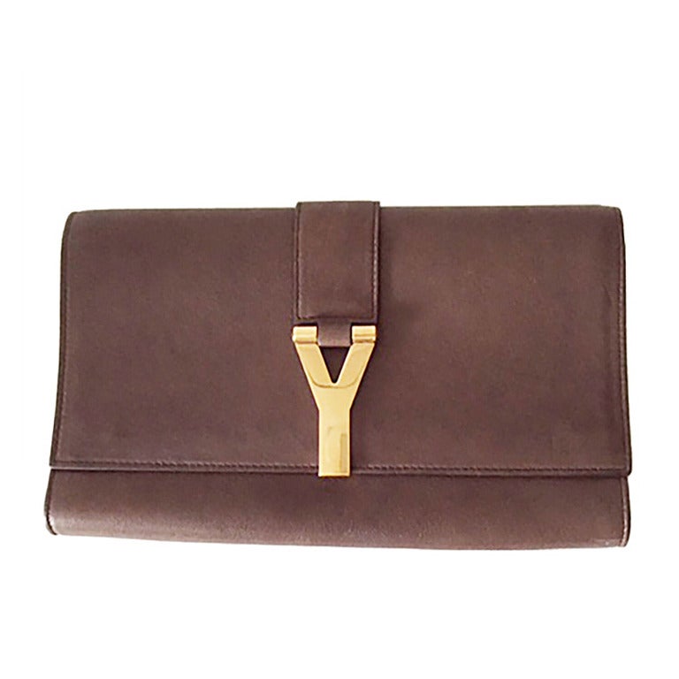 YSL, Yves Saint Laurent Brown Leather Gold Ligne Y Clutch For Sale
