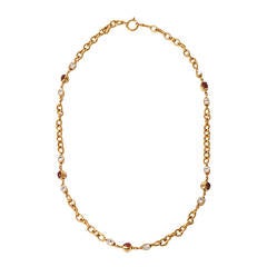 Chanel Gold Link Necklace with Clear & Ruby Stones