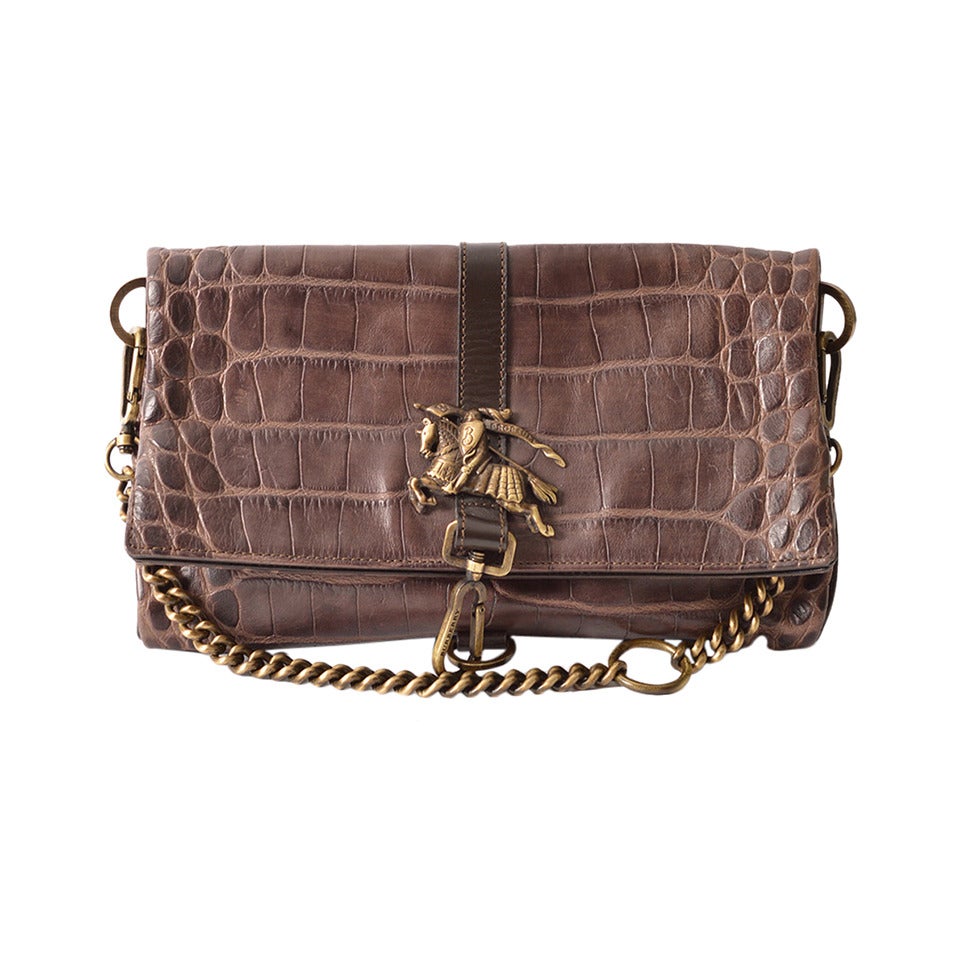 Burberry Prorsum Brown Leather Croc-Effect Fold Over Handbag For Sale