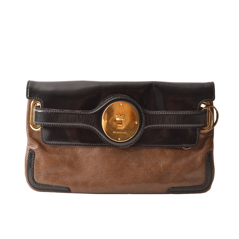 Balenciaga Black Brown & Gold Medallion Clutch For Sale