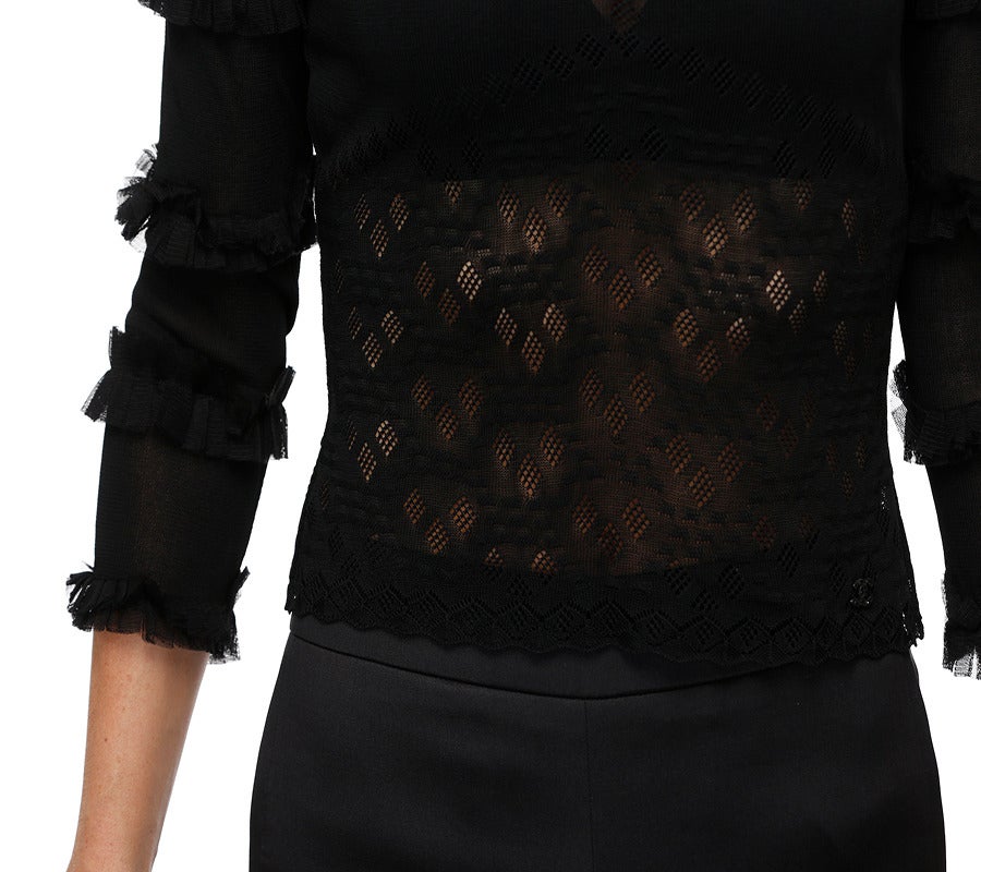 Chanel Black Lace Knit Ruffle Top For Sale 2