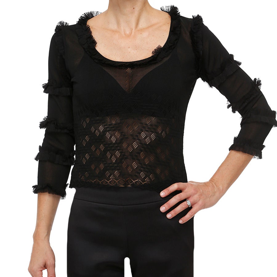 Chanel Black Lace Knit Ruffle Top In Excellent Condition For Sale In Toronto, Ontario