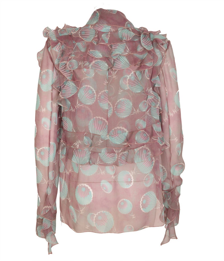 Women's or Men's Chanel Printed Silk Ruffled Blouse For Sale