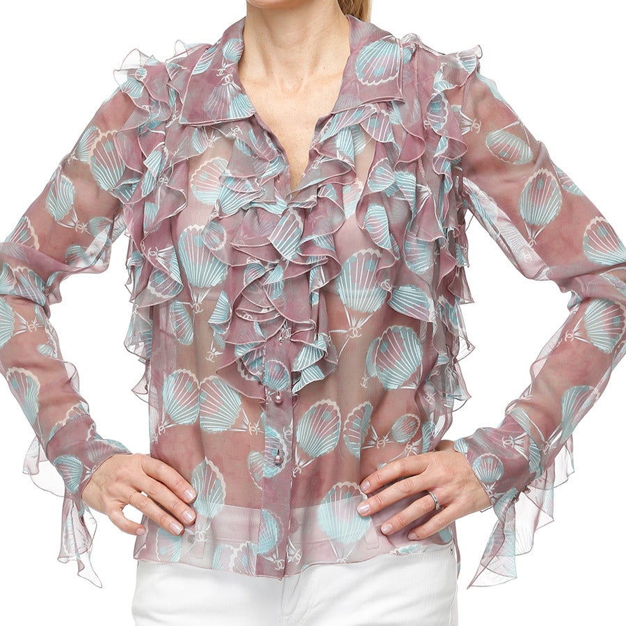 Chanel Printed Silk Ruffled Blouse For Sale 1