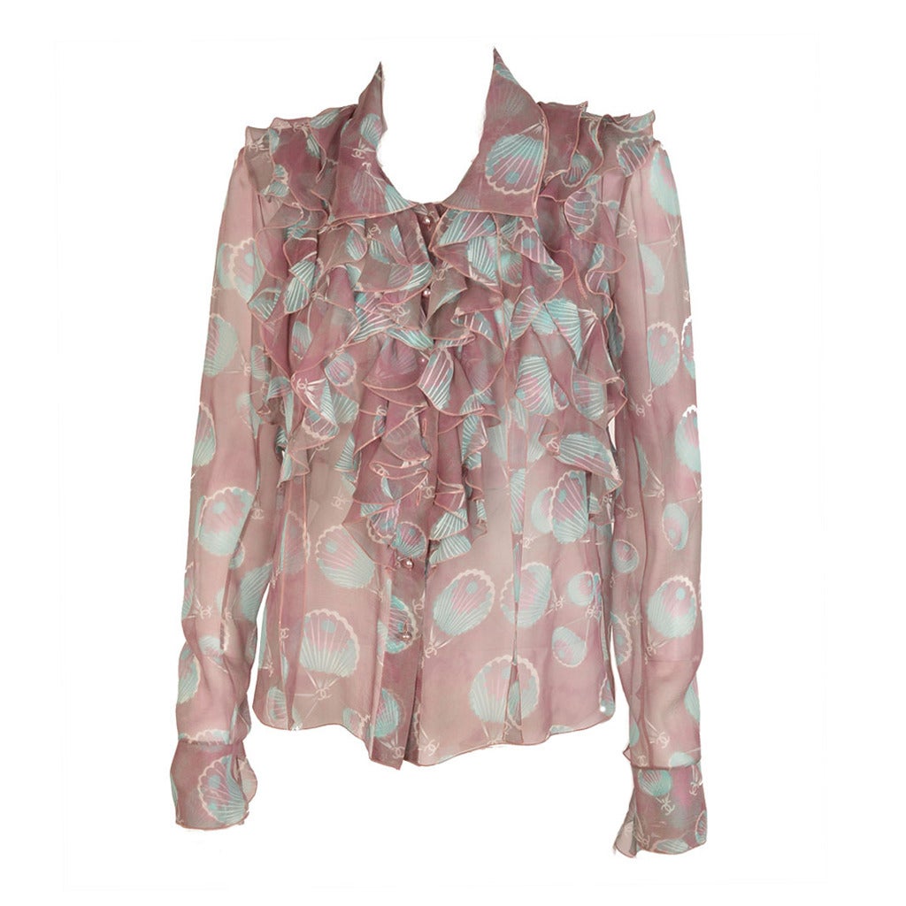 Chanel Printed Silk Ruffled Blouse For Sale