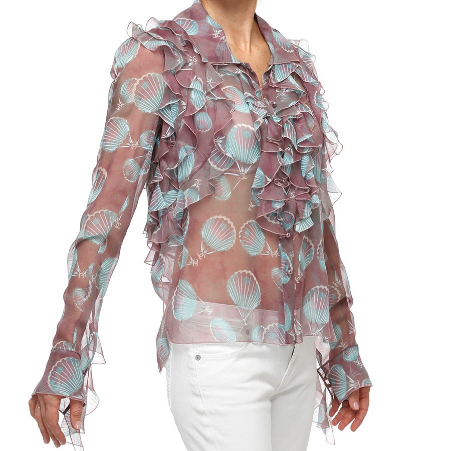Chanel Printed Silk Ruffled Blouse For Sale 2