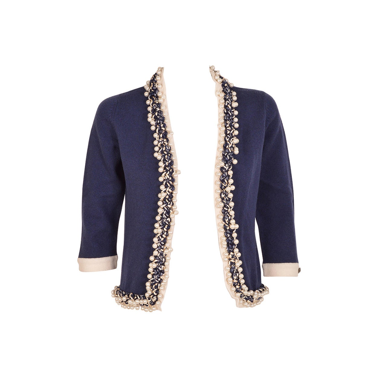 Chanel Blue Cashmere Cardigan with Pearl Embroidery For Sale