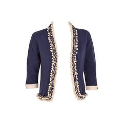 Chanel Blue Cashmere Cardigan with Pearl Embroidery