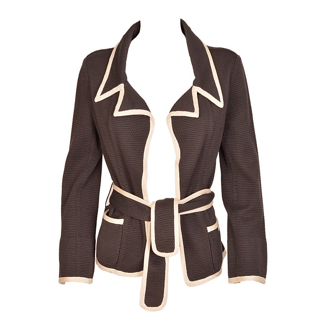 Chanel Iconic Navy with Cream Silk Knit Jacket For Sale