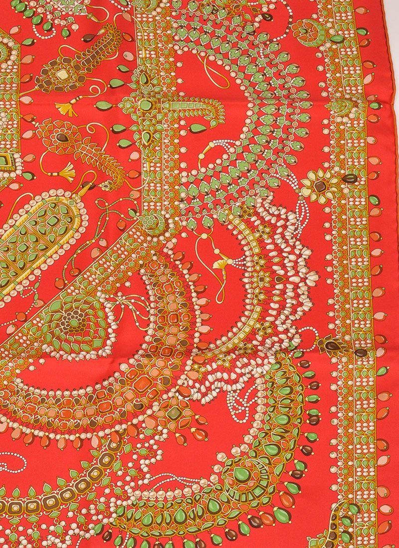 Hermes Parures Des Maharajas silk scarf with jewel print pattern
Red with multi color pattern
- Measurements: 35