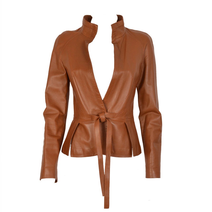 Valentino Brown Leather Jacket with Tie Front For Sale