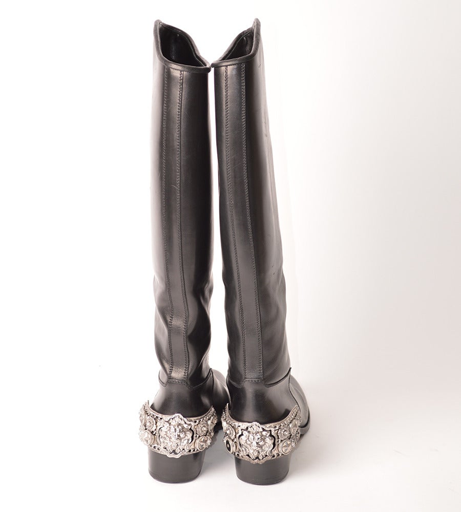 Chanel Black Leather Riding Boots with Silver Metal Jewelled Heel In New Condition For Sale In Toronto, Ontario