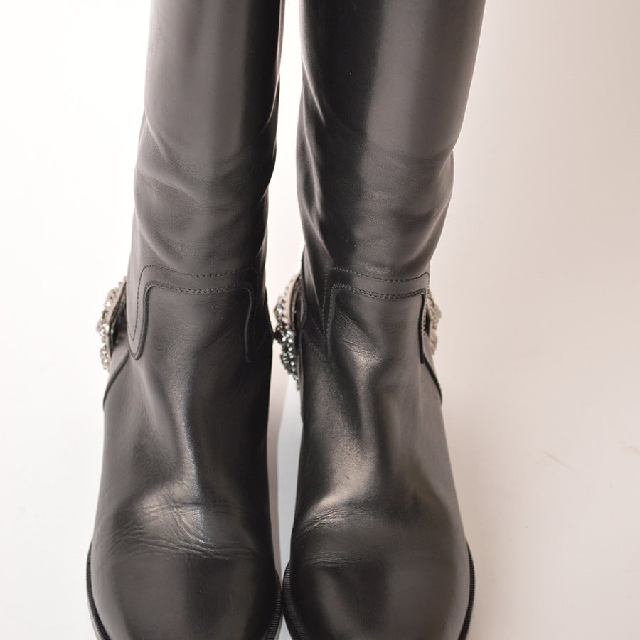 Chanel Black Leather Riding Boots with Silver Metal Jewelled Heel For Sale 2