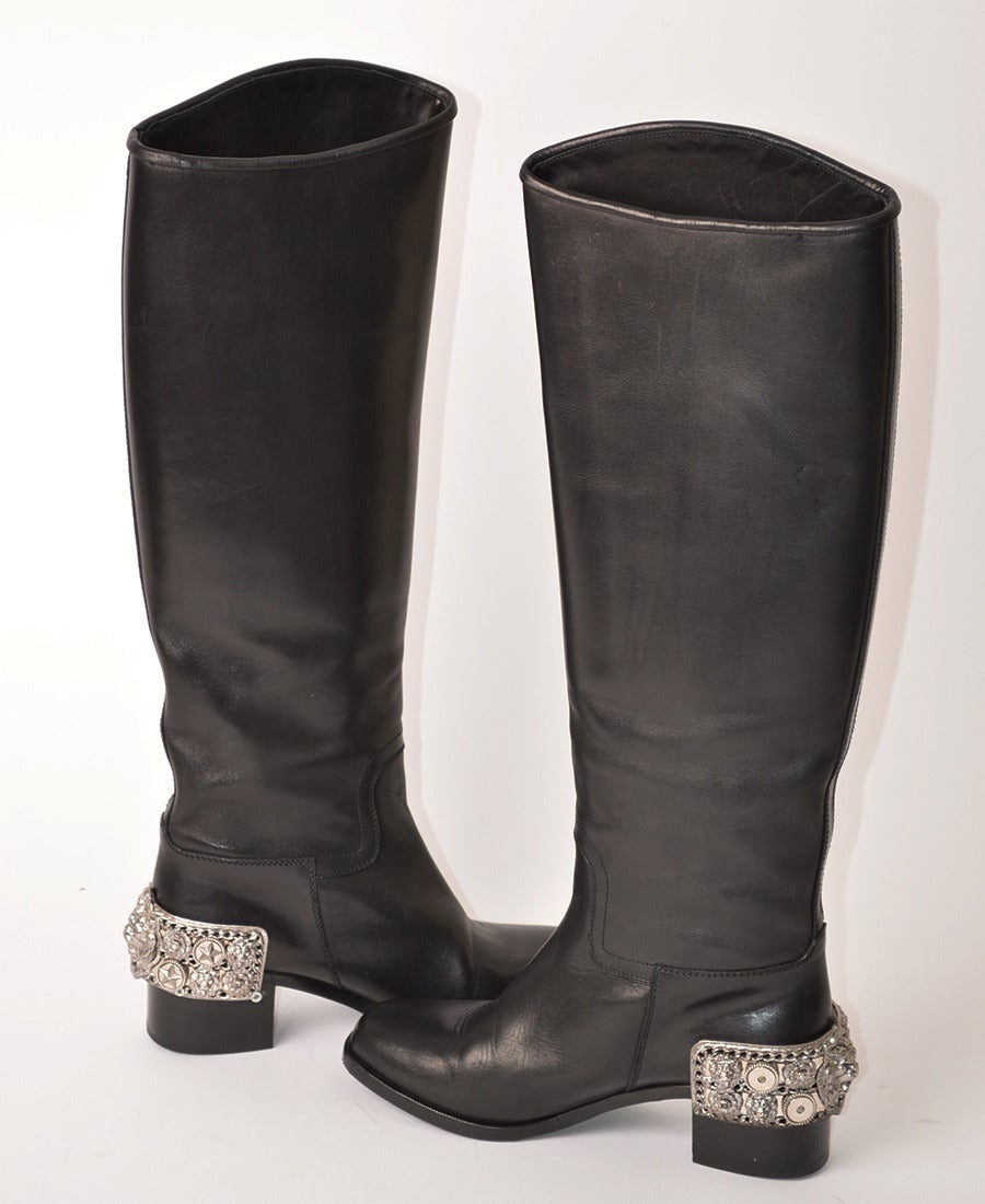 Women's Chanel Black Leather Riding Boots with Silver Metal Jewelled Heel For Sale