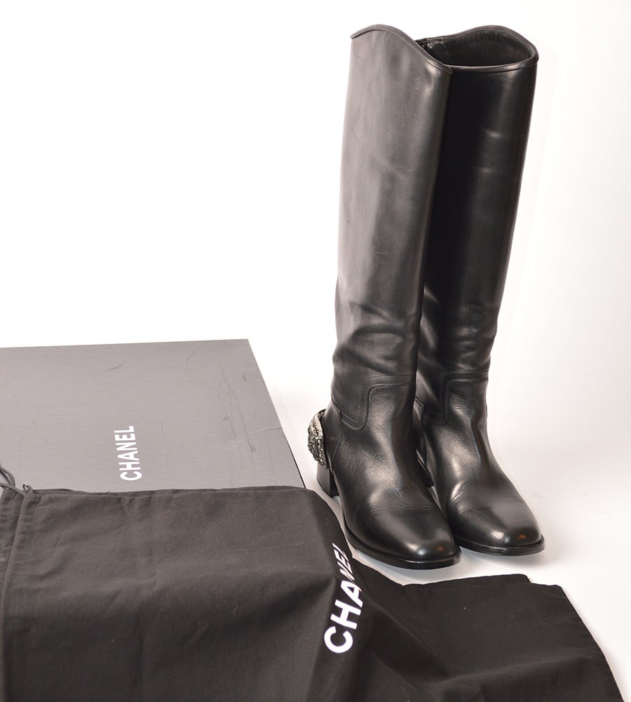Chanel Black Leather Riding Boots with Silver Metal Jewelled Heel For Sale 5