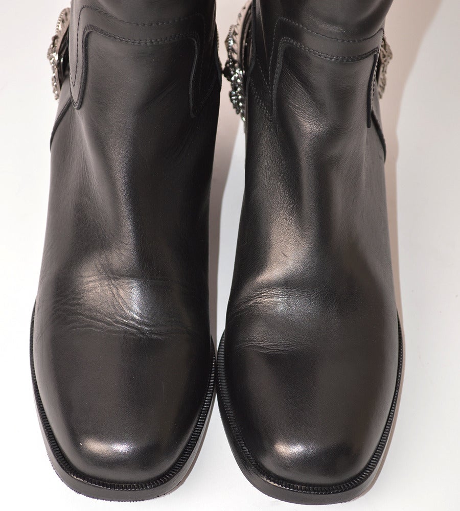 Chanel Black Leather Riding Boots with Silver Metal Jewelled Heel For Sale 1