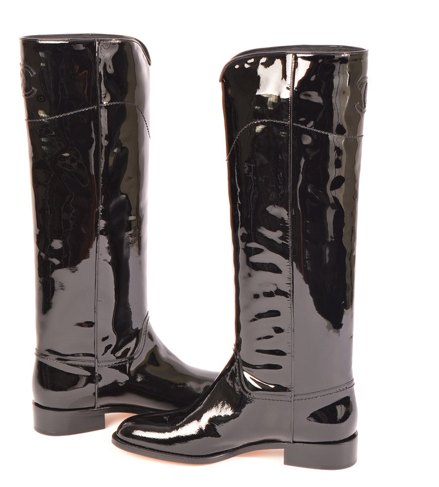 Chanel New Classic Black Patent Riding Boots at 1stDibs