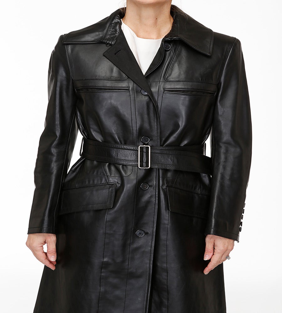 Calvin Klein Black Leather Trench Coat For Sale 3