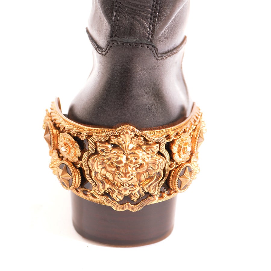 Chanel Riding Boots with Gold Gilt Jewelled Heel In New Condition For Sale In Toronto, Ontario