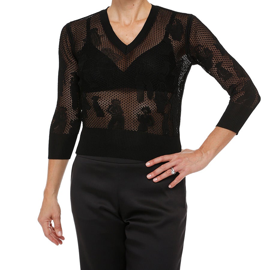 Chanel Fancy Knit V-Neck with Mademoiselle & Camellia Motifs