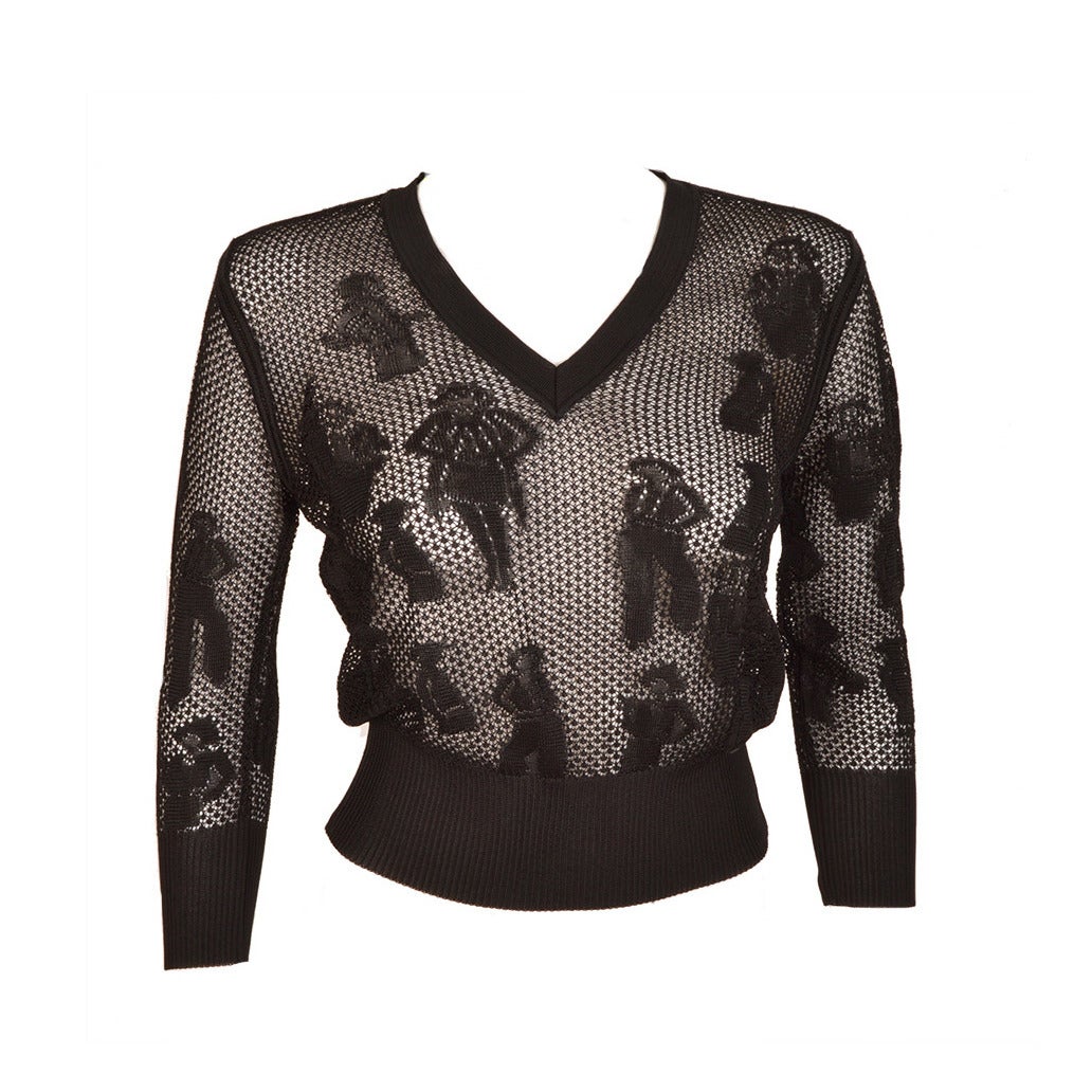 Chanel Fancy Knit V-Neck with Mademoiselle & Camellia Motifs For Sale