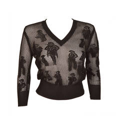 Chanel Fancy Knit V-Neck with Mademoiselle & Camellia Motifs