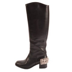 Chanel Black Leather Riding Boots with Silver Metal Jewelled Heel