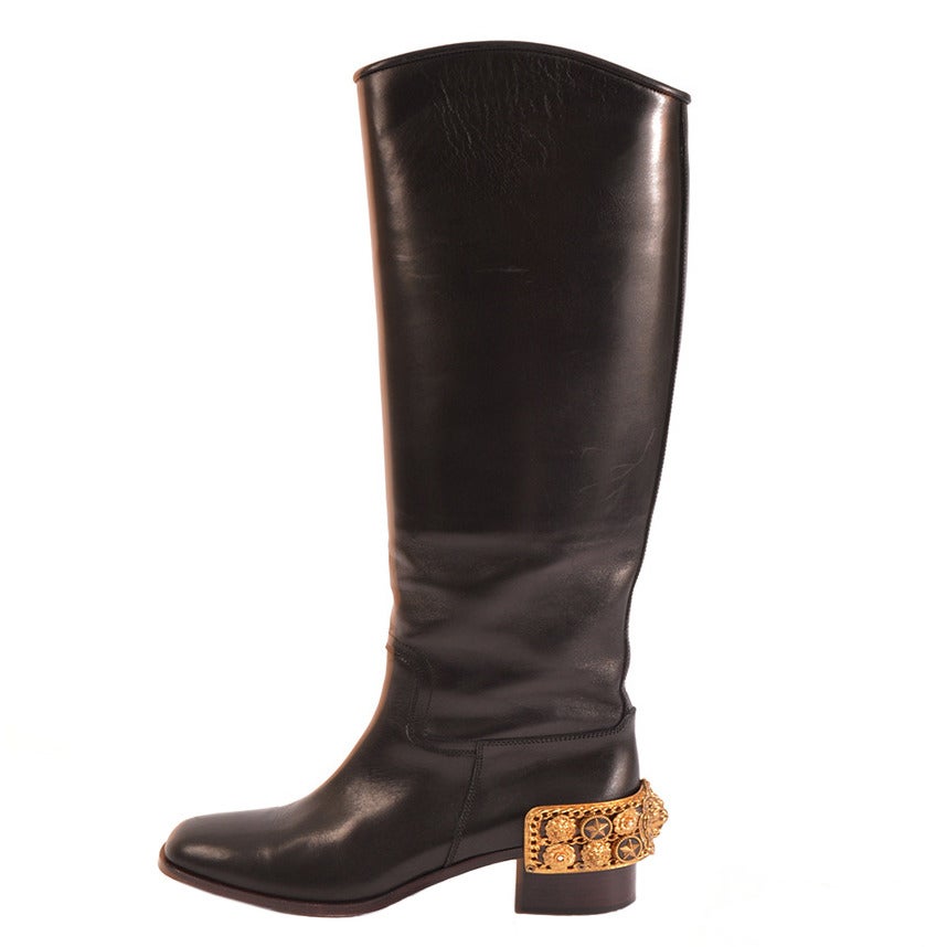 Chanel Riding Boots with Gold Gilt Jewelled Heel For Sale at 1stDibs
