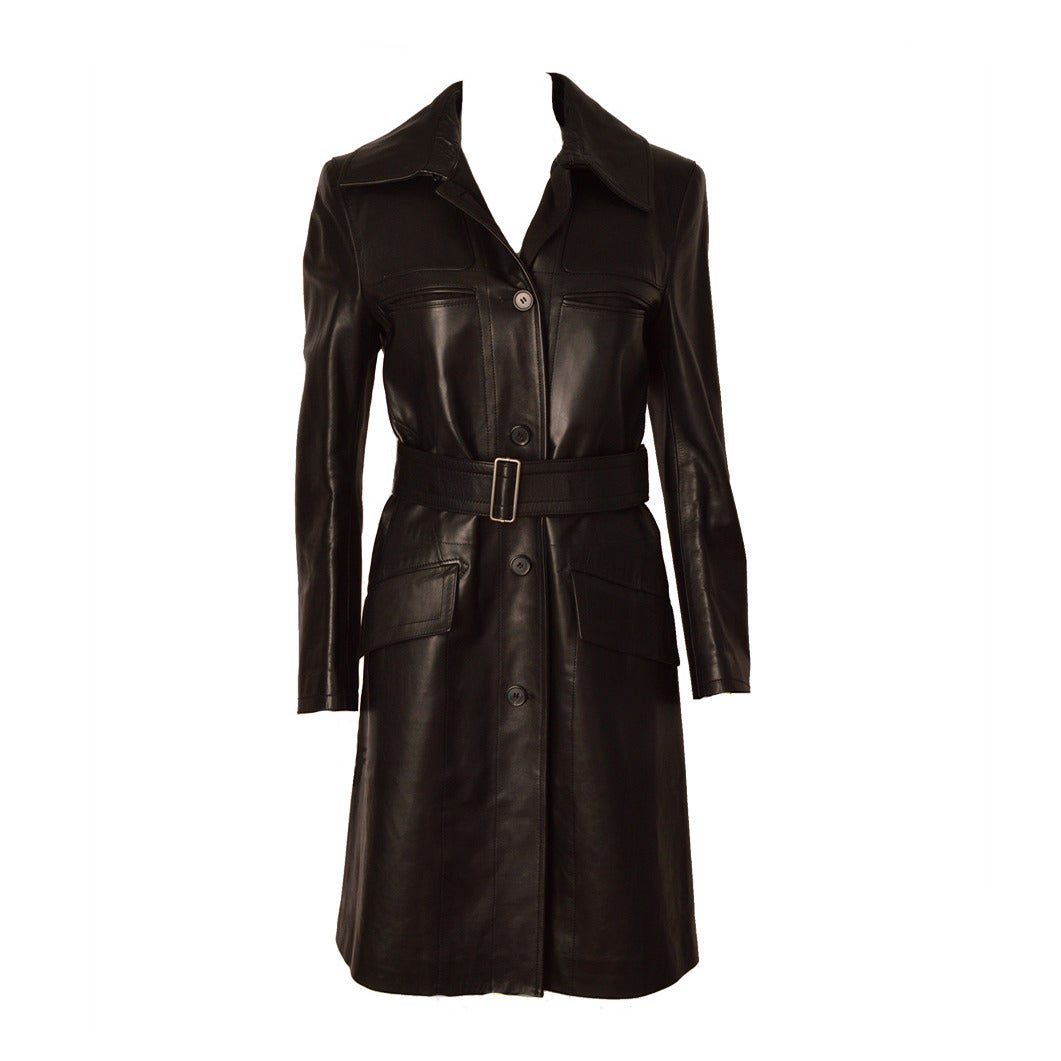 Calvin Klein Black Leather Trench Coat For Sale