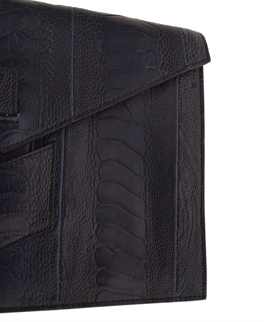 YSL, Yves Saint Laurent Navy Croc-Embossed Y Envelope Clutch 1