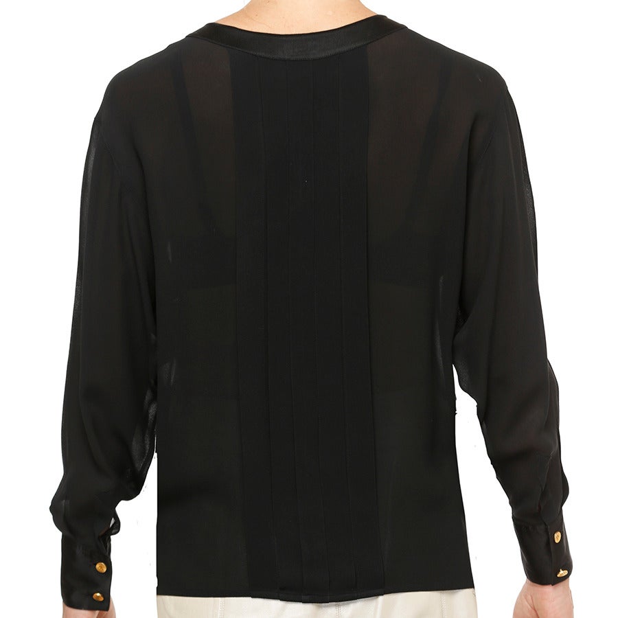 Women's Chanel Black Collarless Silk Crepe Blouse For Sale