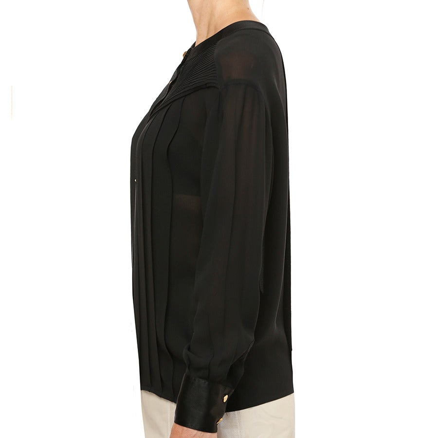 Chanel Black Collarless Silk Crepe Blouse For Sale 1