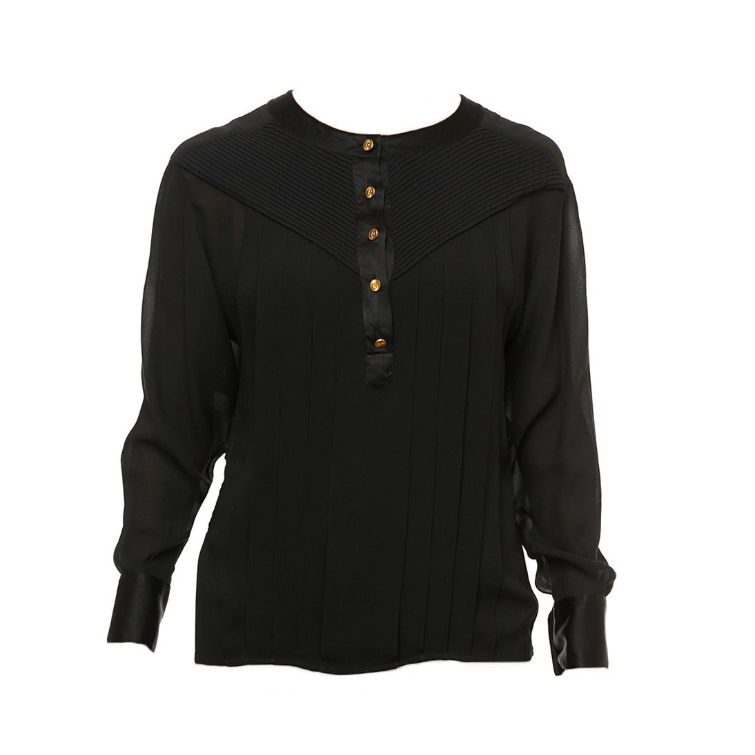 Chanel Black Collarless Silk Crepe Blouse For Sale
