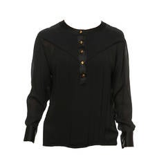 Chanel Black Collarless Silk Crepe Blouse