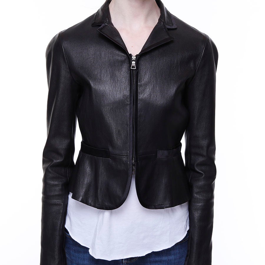 Prada Black Short Leather Jacket with Satin Trim Detail