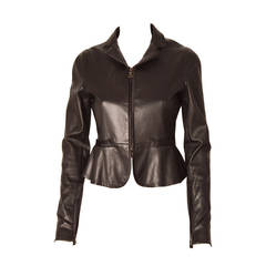 Prada Black Short Leather Jacket with Satin Trim Detail