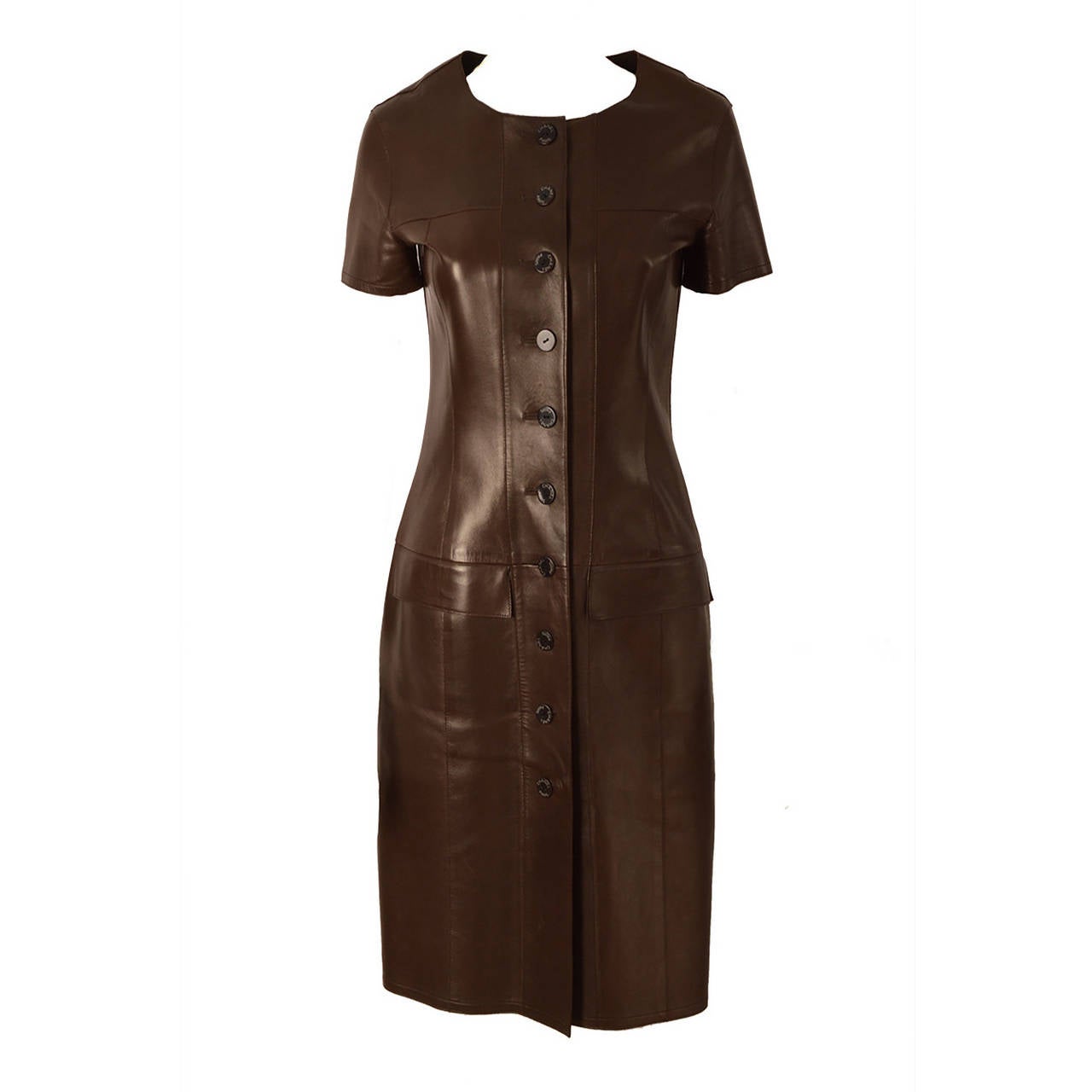 Chanel Dark Brown Short Sleeve Leather Dress For Sale