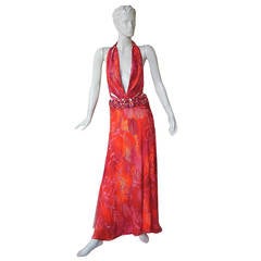 Vintage Versace Finale Jeweled Tropical Plunging Neckline Dress Gown