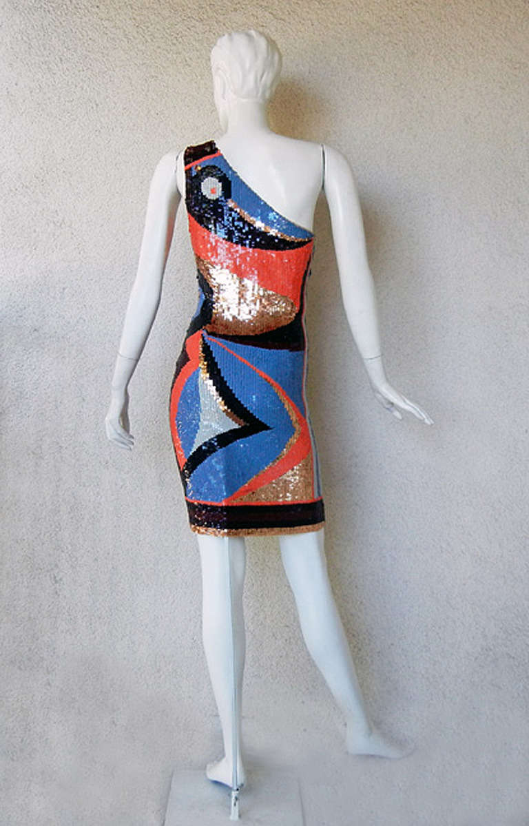 Women's Emilio Pucci One Shoulder Beaded Geometric Pattern Evening Dress
