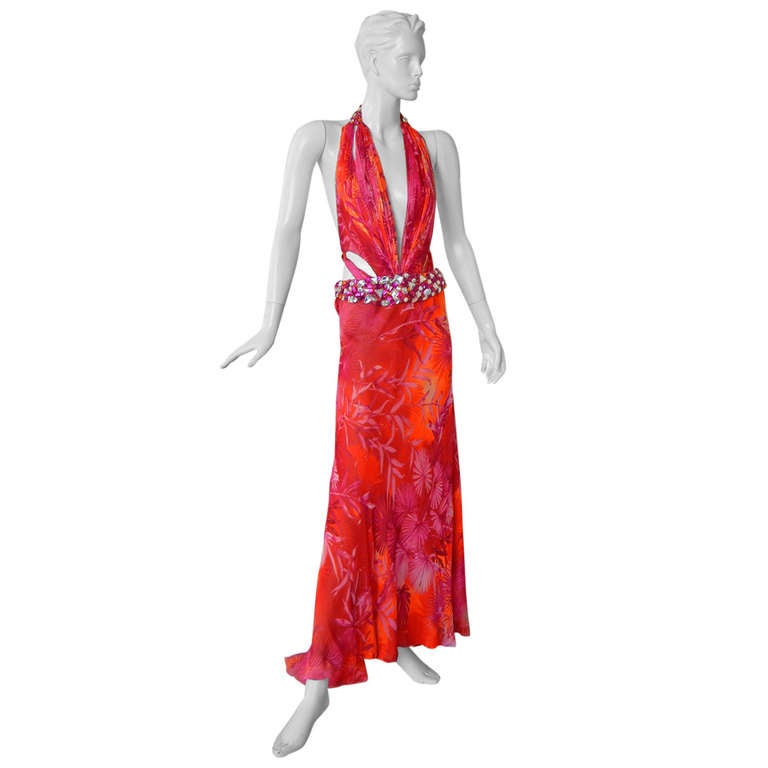 Rare Versace Jeweled Tropical Print Plunging Neckline Gown