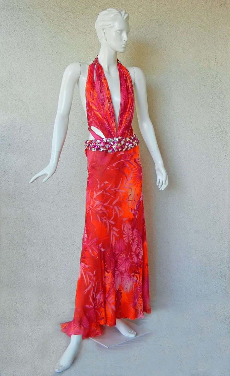 Rare Versace Jeweled Tropical Print Plunging Neckline Gown In Excellent Condition In Los Angeles, CA