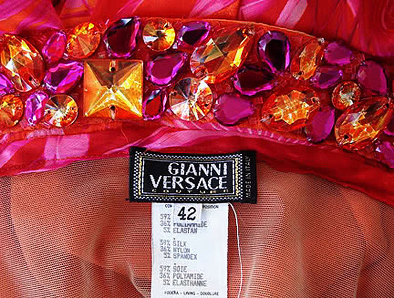 Rare Versace Jeweled Tropical Print Plunging Neckline Gown 5