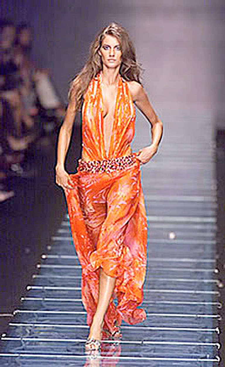 Rare Versace Jeweled Tropical Print Plunging Neckline Gown