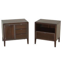 Set of His and Hers Walnut Nightstands by Drexel with Chrome Detailing