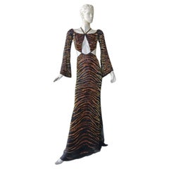 NWT $10.5K Roberto Cavalli Cut-Out Beaded Tiger Print Gown Dress