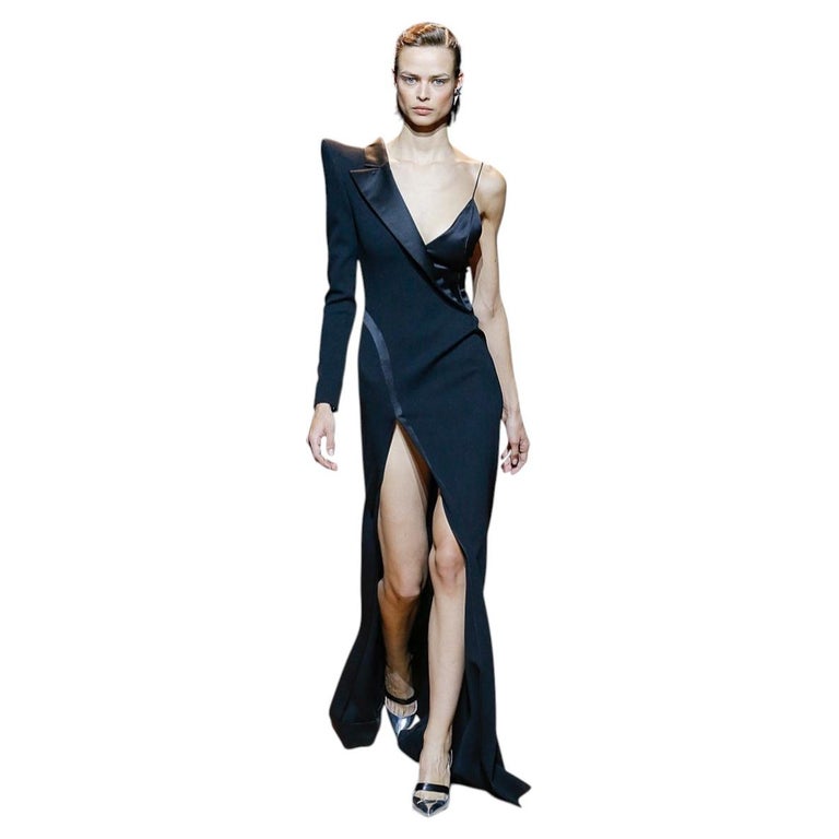 tuxedo style evening dress by mugler 1980S THIERRY MUGLER Black Silk & Wool Tuxedo Styled Cocktail Dress With Vinyl Collar