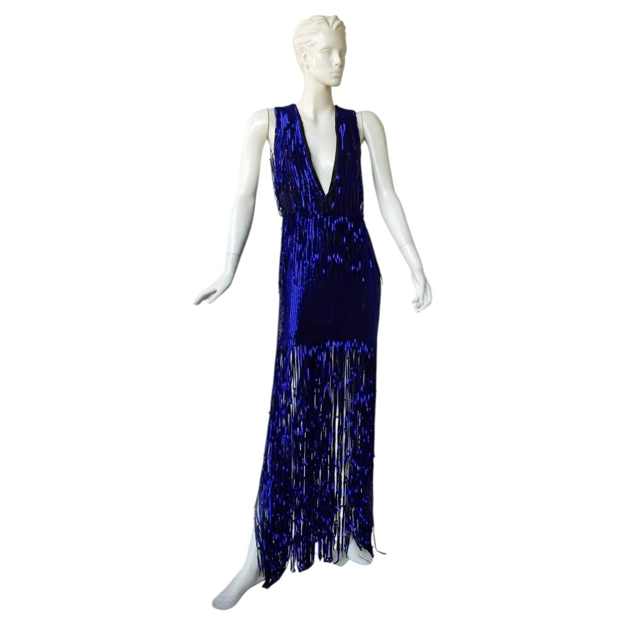 Tom Ford Kobaltblaues Deko-inspiriertes Perlen-Abendkleid aus eigener Herstellung