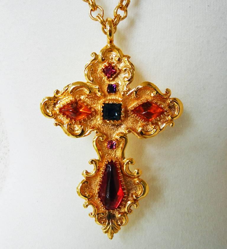 Christian Lacroix Vintage Extra Large Baroque Jeweled Cross Necklace Pendant at 1stDibs