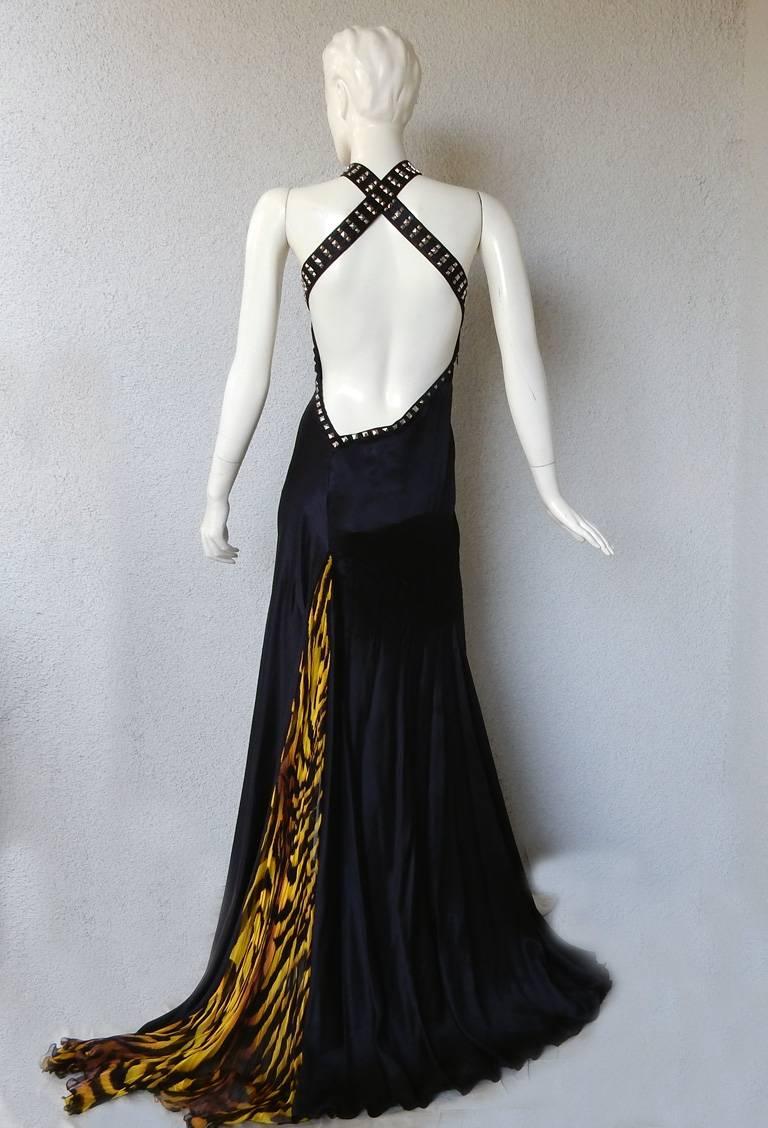 Black Versace Bondage Dress Gown with Plunging Neckline & Thigh High Slit   New!